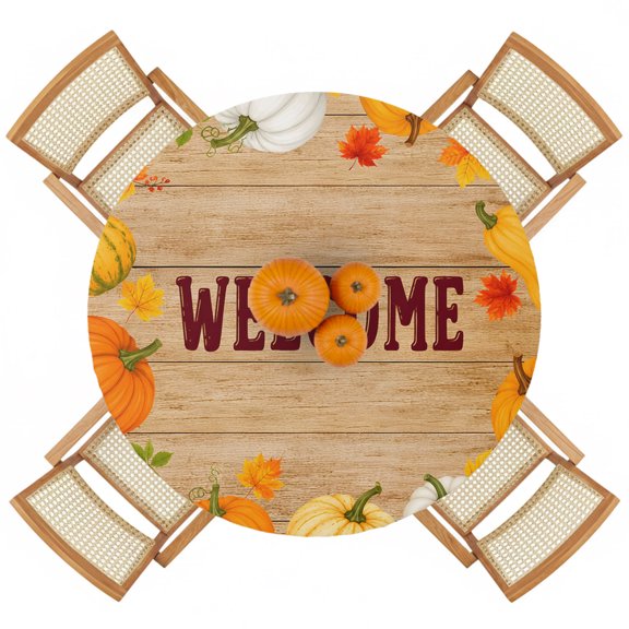 Thanksgiving Pumpkin Maple Leaf Round Fitted Tablecloth with Elastic Edge,Waterproof Table Cloth Fits 36"-44" Tables,Wipeable Table Cover for Indoor Outdoor Dinning Party,Fall Plant Farmhouse Wood