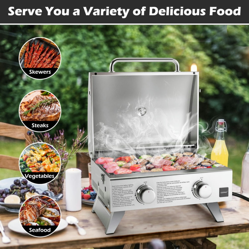 Spaco Stainless Steel Propane Grill with Lid for Outdoor Camping Tailgating Picnic Party-Silver, Camp Stove for Outdoor Cooking