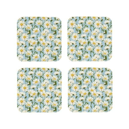 

Drink Coasters Set of 4 White daisy Leather Coasters for Coffee Table Protector Heat Resistant Cute Coasters for Home Decor Housewarming Gifts Bar Kitchen 4 Inch Square