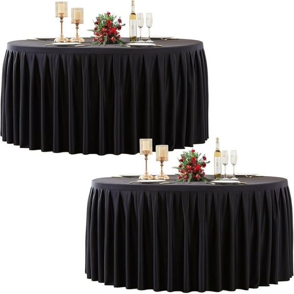 2 Pack Black Round Tablecloth 60 inch Stretch Spandex Fitted Table Cloth 5FT Round Banquet Tablecloths Wrinkle Free Table Cover Stitch Circle Tablecloth with Ruffle Skirt for Party Wedding Birthday
