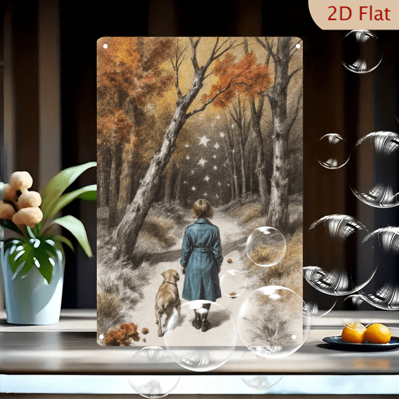 1pc Metal Wall Art, 8x12 Inches, Autumn Forest Child and Dog Walking Path with Glowing Stars, Nostalgic Painterly Scene for Home, Living Room, Bedroom, Nursery,
