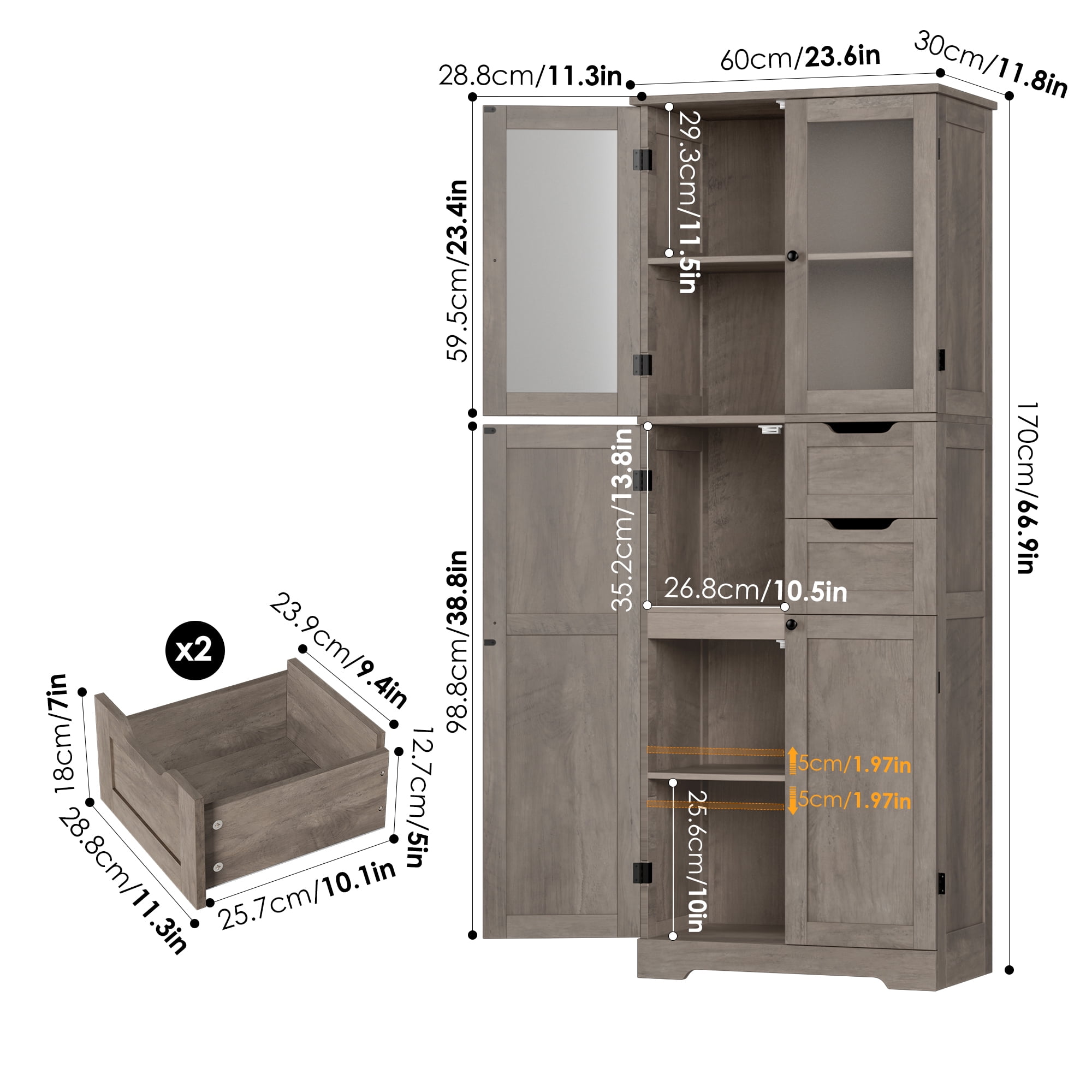 Homfa 67"H Bathroom Cabinet, Linen Cabinet with Doors and Drawers, Kitchen Cupboard, Wash Gray