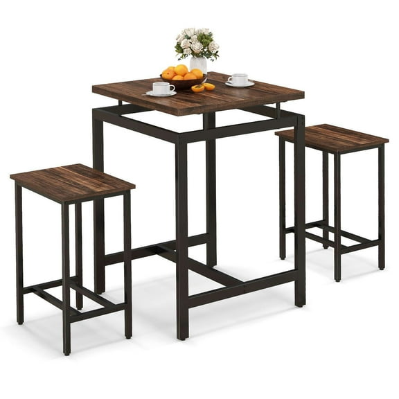 Gymax Counter Height Table w/ 2 Stools Floating Tabletop & Footrest Rustic Brown
