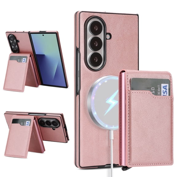 ELEHOLD Magnetic Case for Samsung Galaxy Z Fold8 Ultra, Faux Leather Protective Cover with Detachable Wallet Card Holder Kickstand, Pink