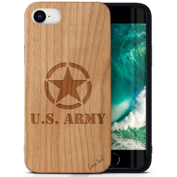 Case Yard Wooden Case Outside Soft TPU Silicone, Slim Fit Shockproof Wood Protective Phone Cover for Girls Boys Men and Women, Supports Wireless Charging US Army Logo Design case for iPhone-SE