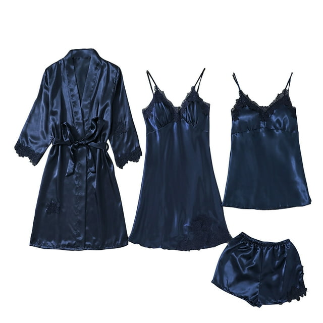 Besolor Pyjamas pour Femmes Ensemble de Pyjama en Satin 4 Pcs Haut Cami Shorts Robe de Nuit Vêtements de Nuit Ensembles Confortables Pjs en Soie pour Femmes