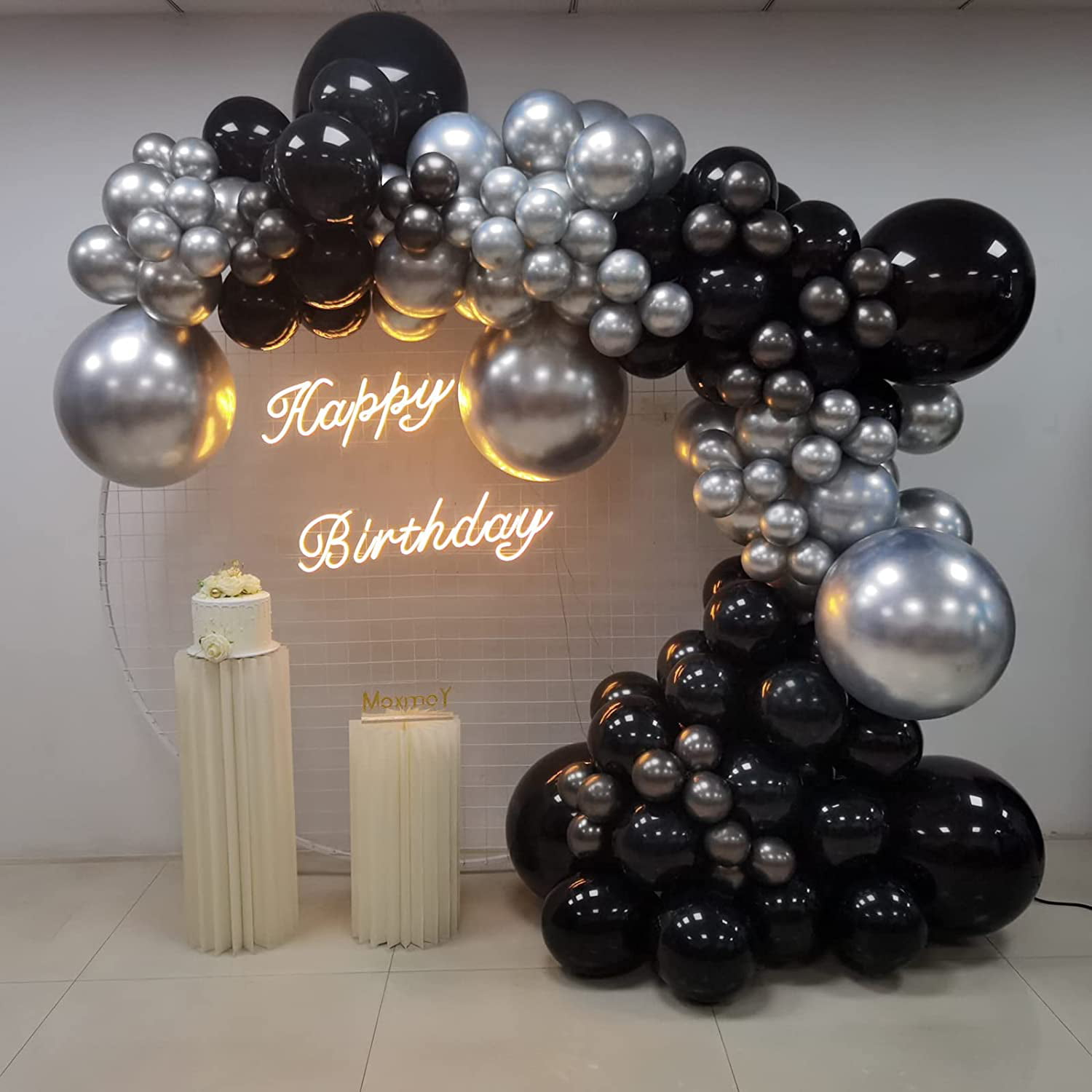 FEPITO 108 Pcs Black Silver Balloon Garland Arch Kit 5 10 12 18 Inches  Black Silver Confetti Balloons for Birthday Wedding Bridal Baby Shower