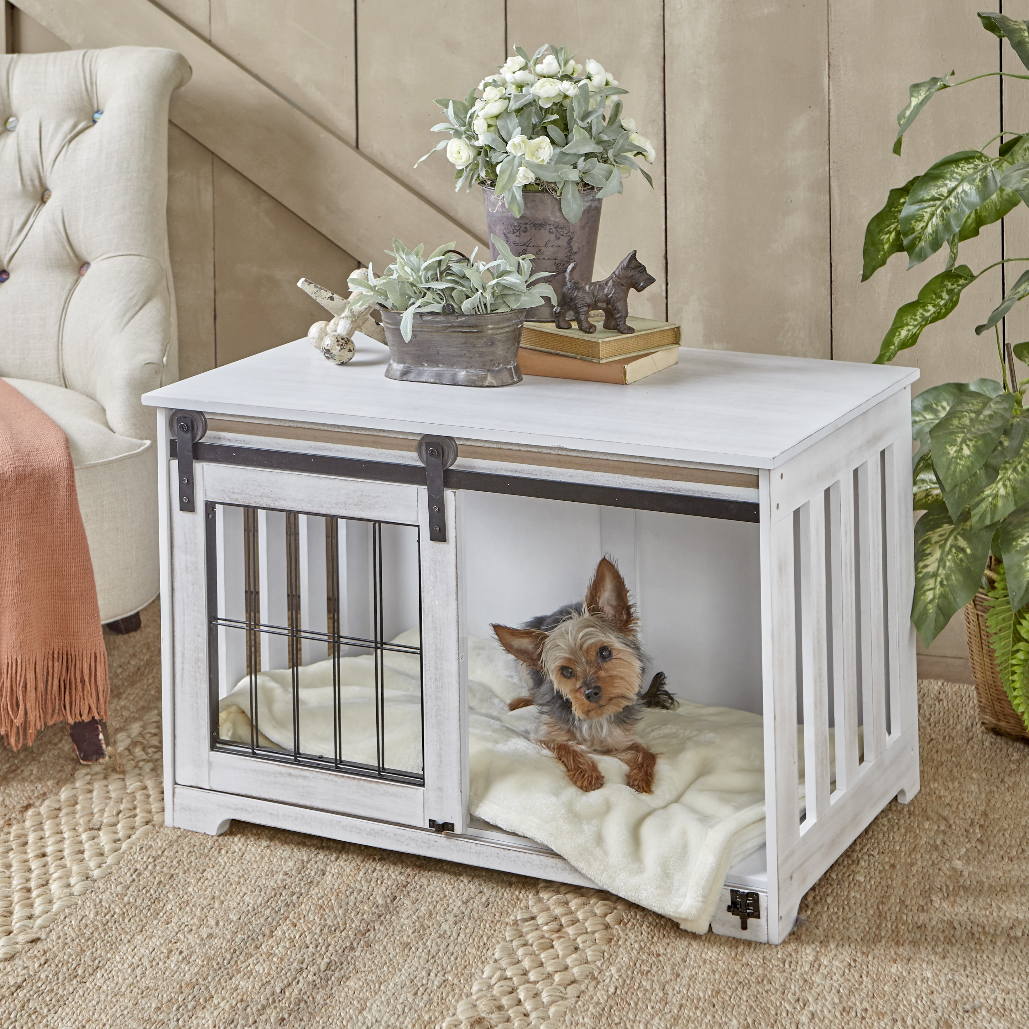 Barn Door Pet Crate End Table with Sliding Door for Dogs Cats White