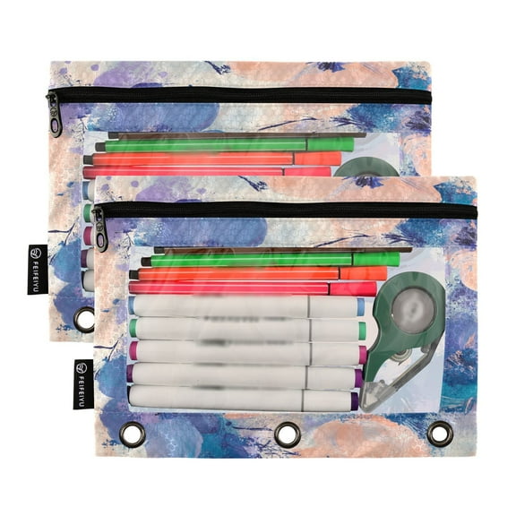 Ckdifva Oil Painting Flowers Pencil Pouch 3 Ring Zipper Pencil Case Binder Pockets Clear Top Cosmetic Bag 2 Pack