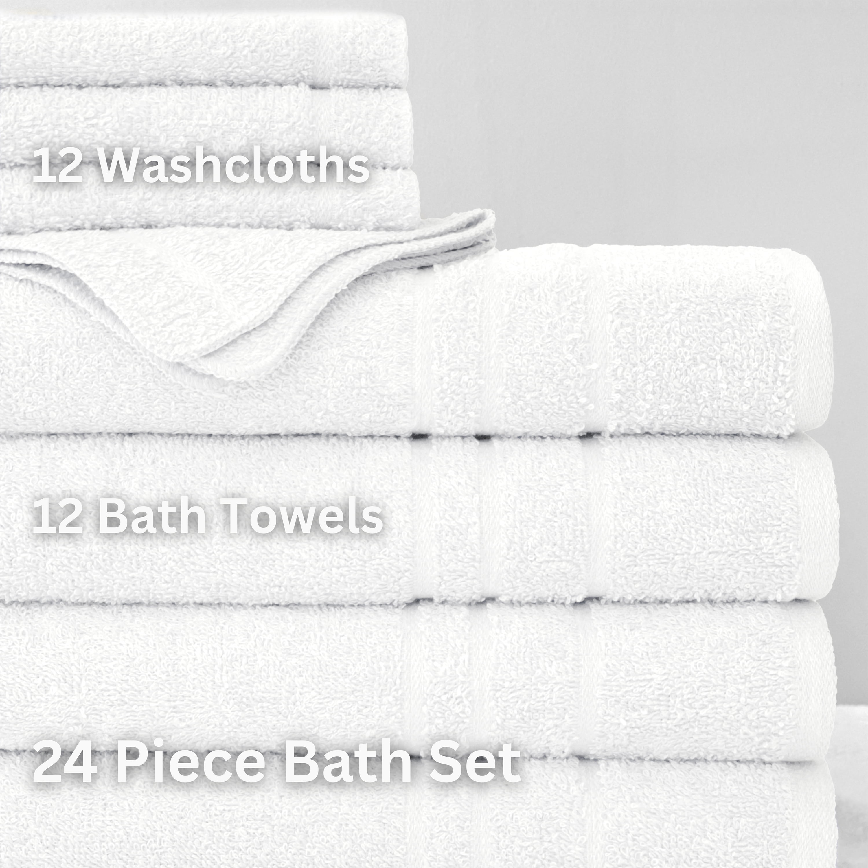 True Hue 24 Piece Cotton-Recycled Polyester Bleach Safe Bath Towel Set, White