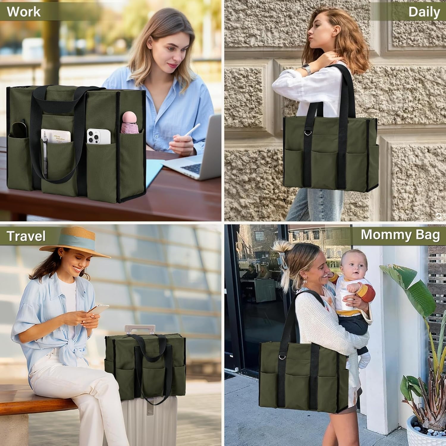 Omlopp Large Tote Bag for Women Waterproof with 12 Pockets Top Zipper Closure Utility Teacher Nurse Bags for Work School-Army Green-Large