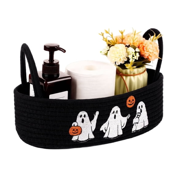 13 x 6 x 4 in Halloween Boo Woven Basket with Handle, Black Cotton Rope Ghost Storage Bin for Candy, Treats, Shelf, Vanity, Bedroom, Nursery & Home Decor