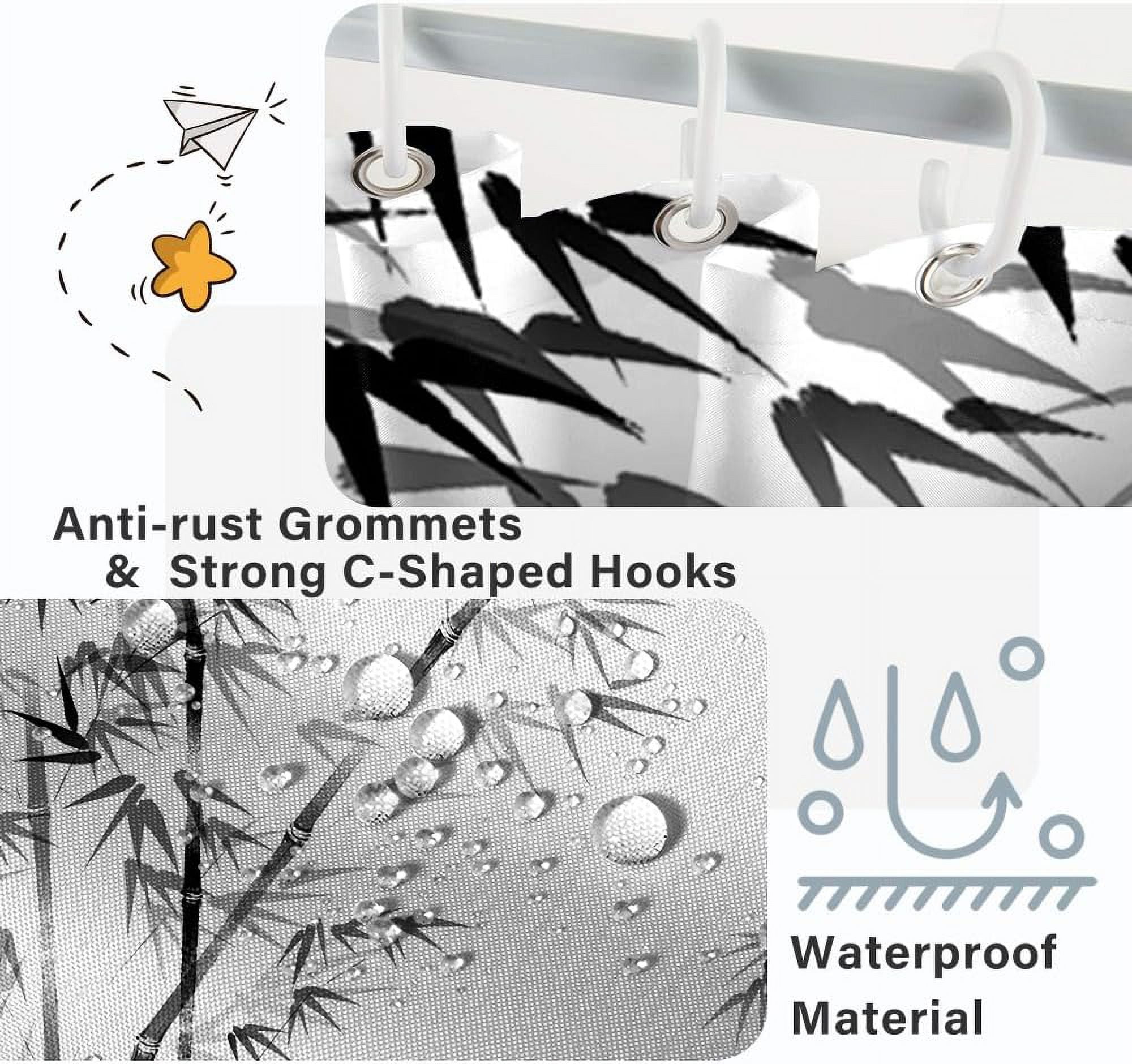 Bamboo Shower Curtain, Aesthetic Ink Bamboo Shower Curtain for Bathroom Waterproof Fabric Black and White Shower Curtain Set with Hooks, 72x84 Inch