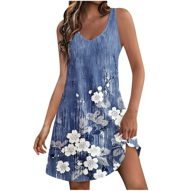 Staron Robe d'Été pour Femmes Décontractée Ample Sans Manches à Col en V Robe Soleil avec Poche Cache-Maillot Printemps Voyage Vacances Robes