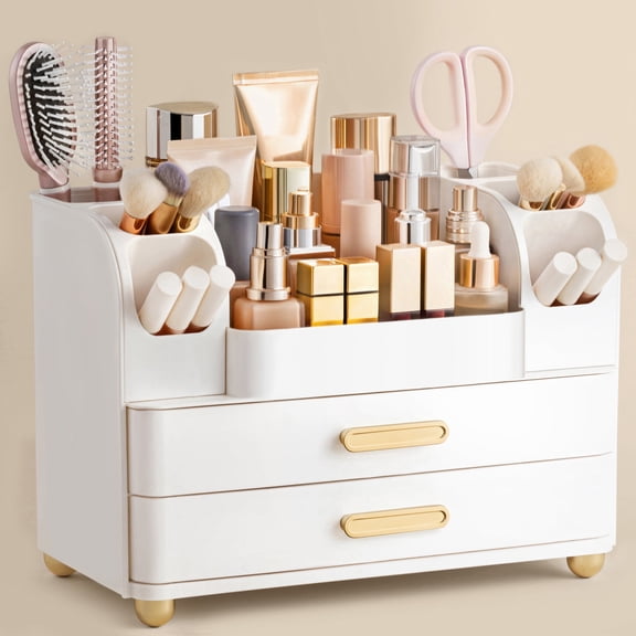 HBlife Makeup Organizer for Vanity with Brush Holder, Large Bathroom Countertop Cosmetic Organizer, All White