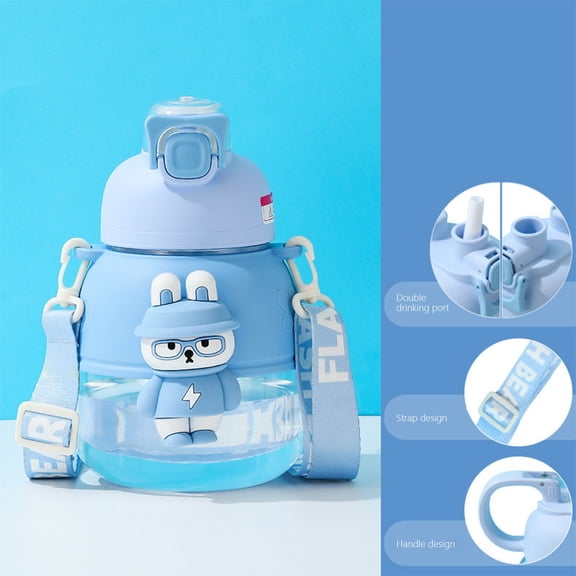 CxhicLuv Kids' Large Belly Water Bottle 8.1×4.9 Inch 1100ml, Plastic, Spacious – Unisex Student Straw Cup with Fashionable Design, Ideal for Outdoor Activities, Suitable for Teenagers, Blue