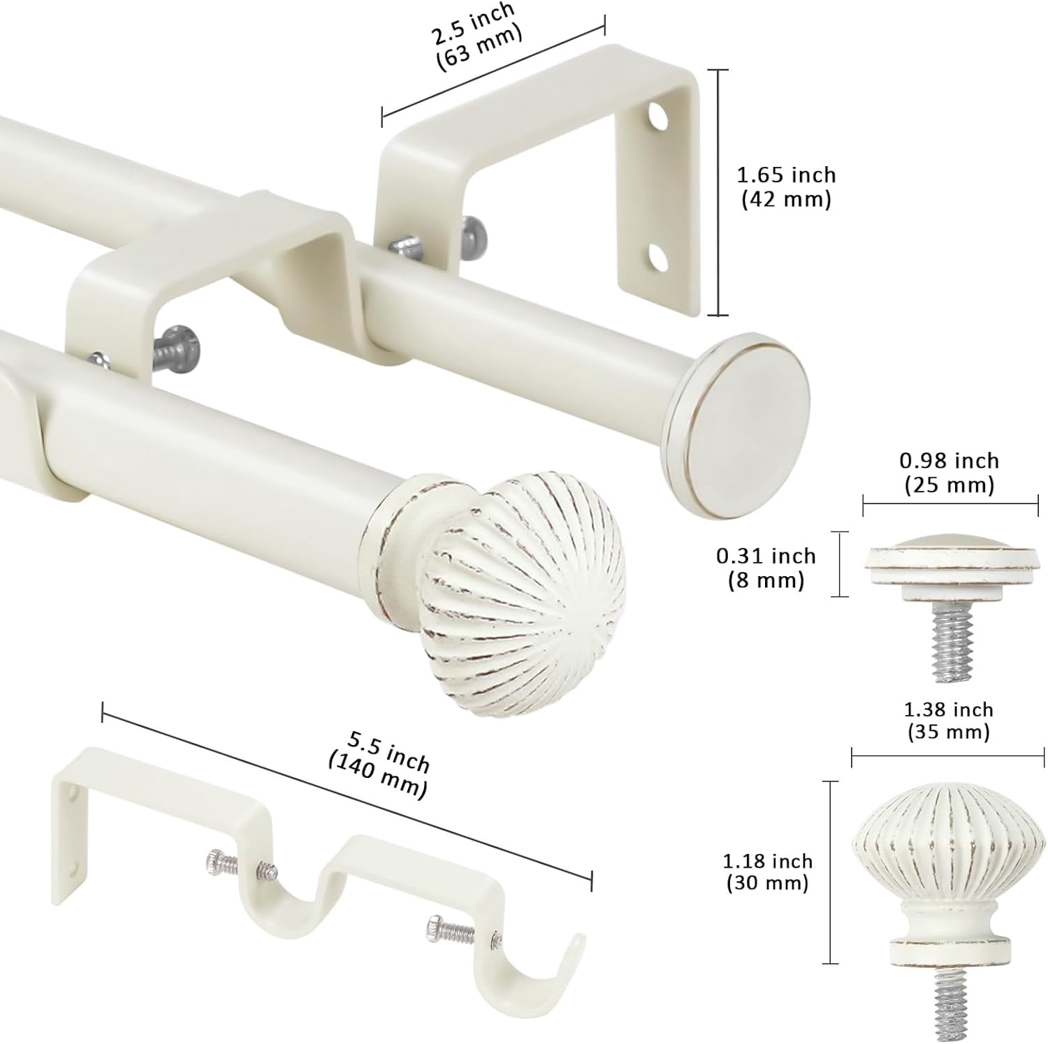 eTeckram 5/8" Double Curtain Rod with Bateau Finials,Weathered White,84‘’-120‘’