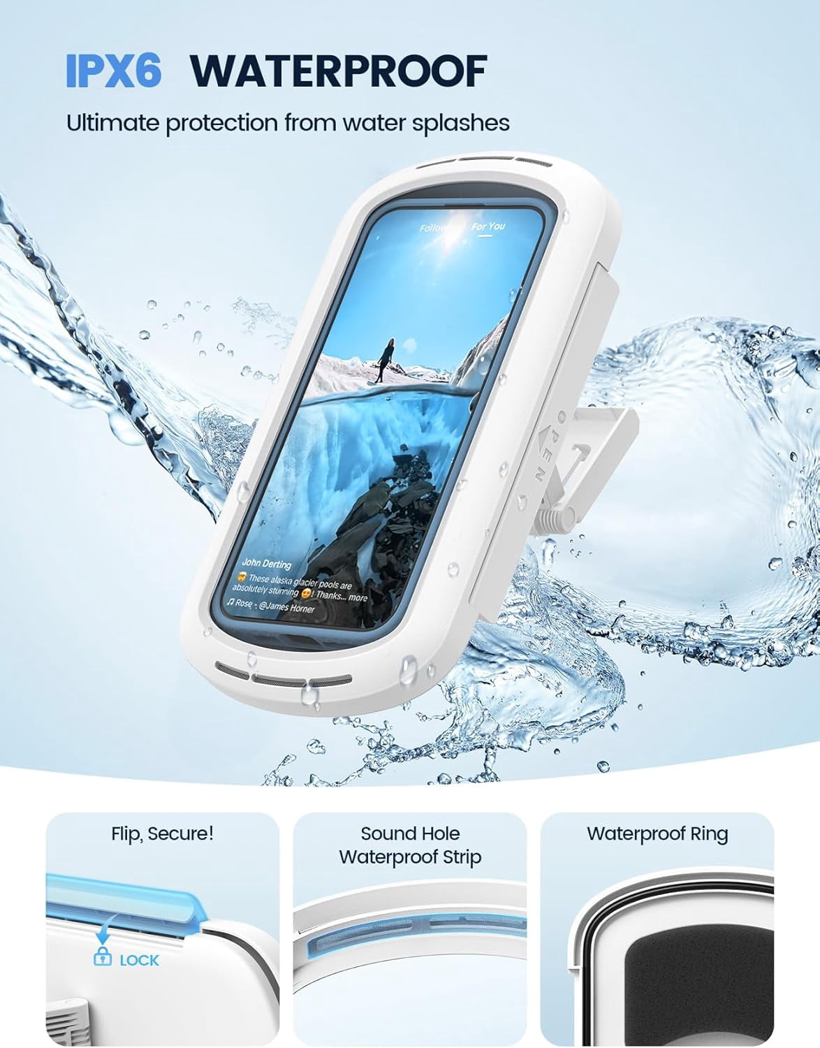 Shower Phone Holder with Speaker Holes, IPX6 Waterproof Clear Sound & 480° Rotation Shower Case Accessories, Waterproof Bathroom Wall Mount for iPhone 17 16 Pro Max Air, S25 Ultra, 4-7" Phone