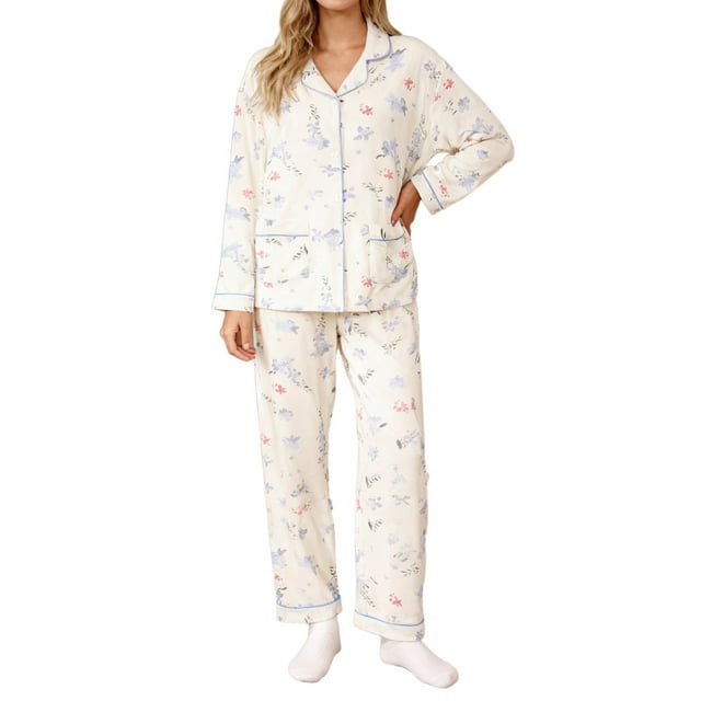 XDZJLR Ensemble de Pyjama pour Femmes Imprimé Floral Deux Pièces Confortable Design Élégant Blanc G