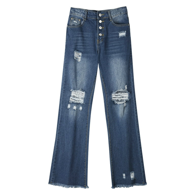 Jalioing Women's Jeans High Waist Button Closure Open Bottom Flare Leg  Stretchy Slim Trendy Denim Pants (Small, Blue)