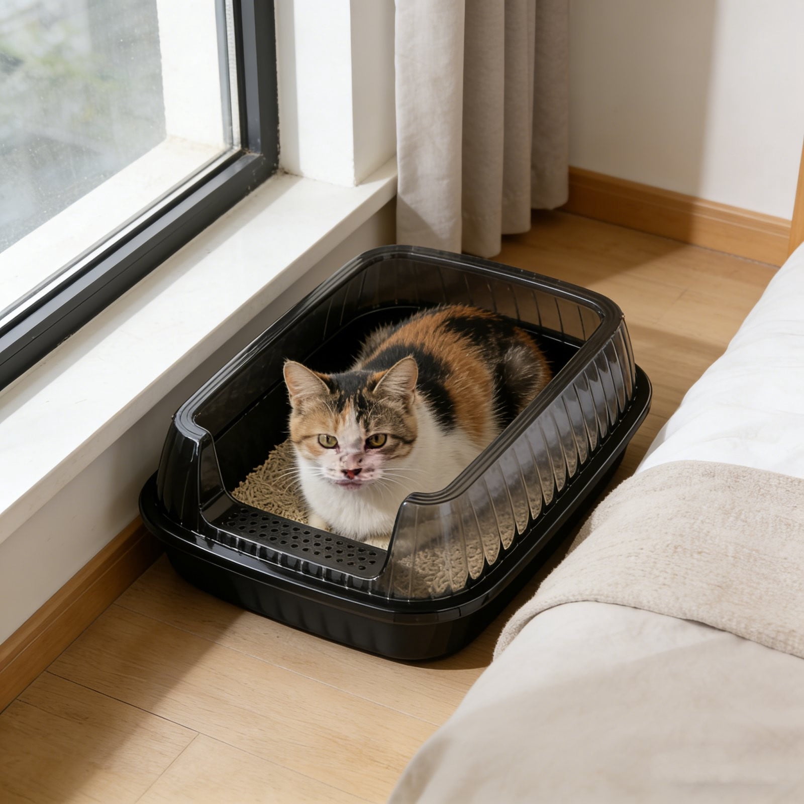 Dark Grey Semi Enclosed Cat Litter Box With Top Entry Lid High Sides Includes Scoop Odor Control Easy Clean 14X11X5 Inch Multiple Colors