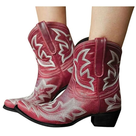 

Cowboy Mid Calf Boots for Women Retro Leather Embroidered Booties Pointed Toe Square Heel Boots Womens Mid Calf Boots