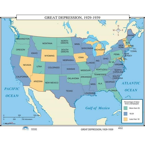 Univarsal 931000061052-46x37-LAM 46 x 37 in. No.052 Great Depression, 1929-1939 on Roller Wall Map with Backboard - Laminated