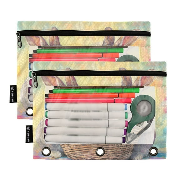 Ckdifva Easter Eggs Rabbits Pencil Pouch 3 Ring Zipper Pencil Case Binder Pockets Clear Top Cosmetic Bag 2 Pack