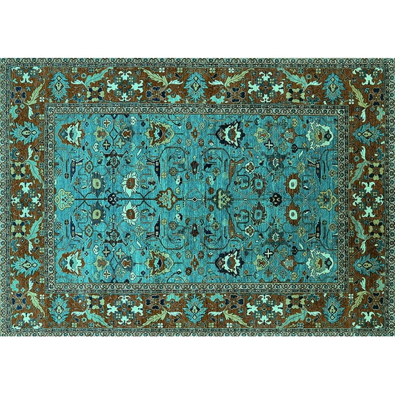 Ahgly Company Machine Washable Indoor Rectangle Oriental Turquoise Blue Industrial Area Rugs, 5' x 7'