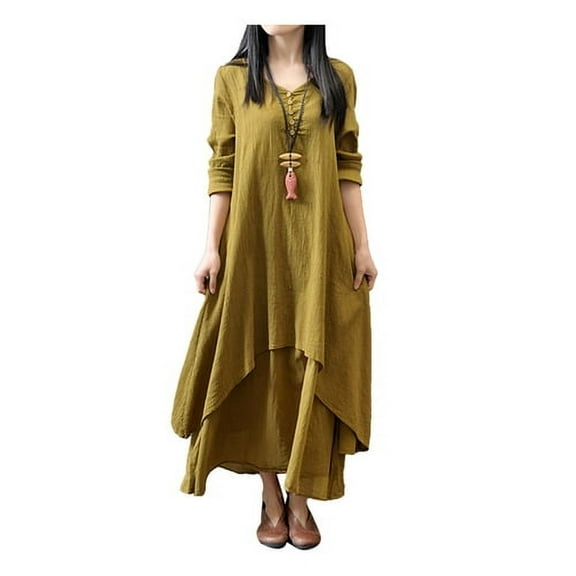 Skymirror Plus Size Oversized Women Solid Color Long Sleeve Baggy Loose Layered Maxi Dress