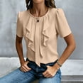 thumbnail image 4 of WAGUTH Women's Elegant Ruffle Front Blouses Short Sleeve Round Neck Solid Color Tops for Casual & Office Business Wear,Khaki,XL, 4 of 7