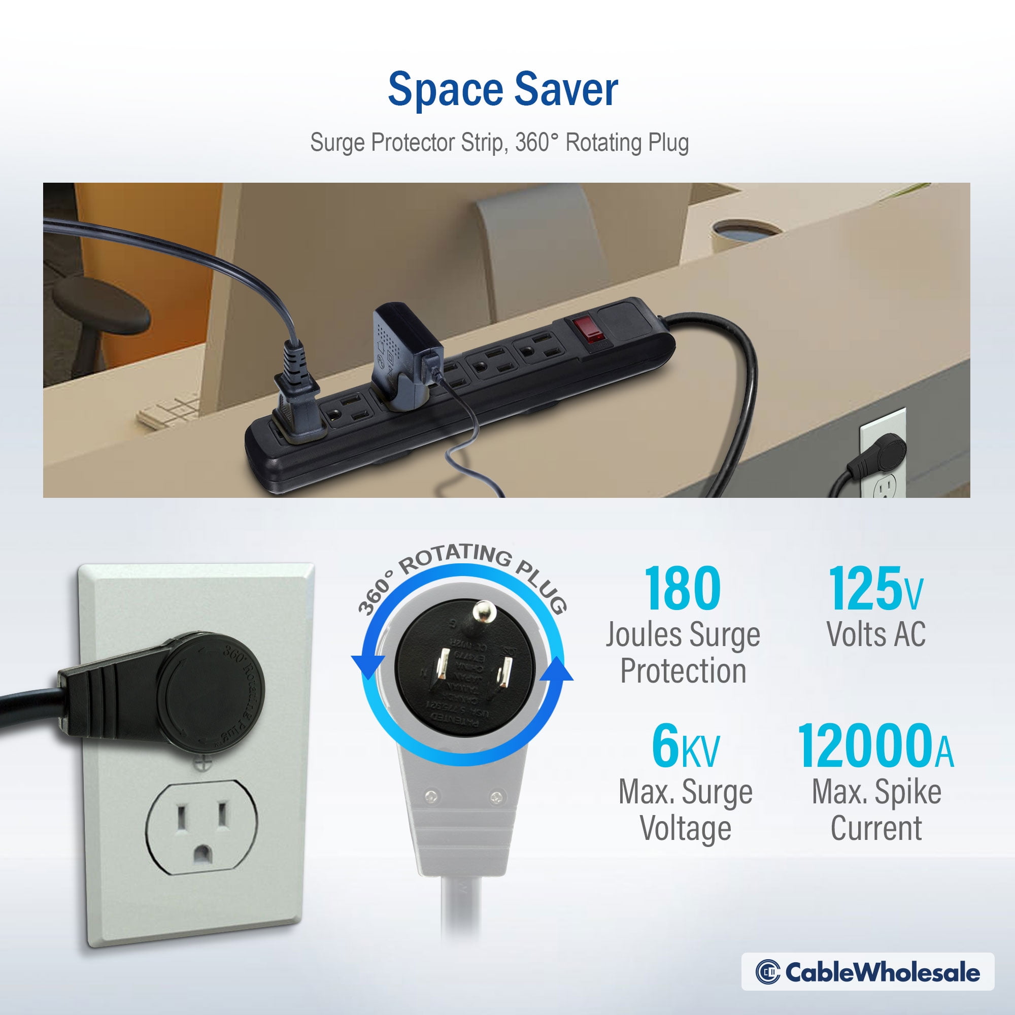 Surge Protector, Flat Rotating Plug, 6 Outlet, Black Horizontal Outlets, Plastic, Power Cord 4 foot