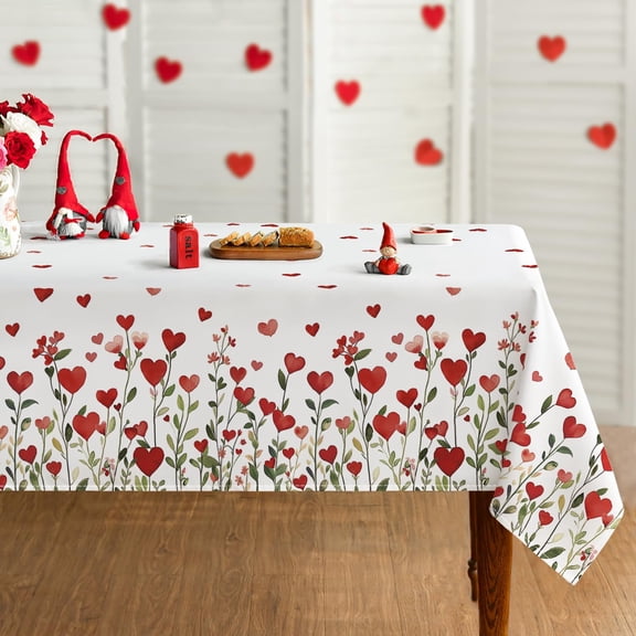 Valentine Tablecloth 60×60 Inch Square, Red Hearts Green Plants Washable Table Cover for Party Picnic Dinner Decor
