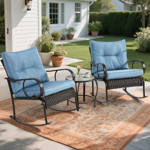 3 Piece Patio Rocking Bistro Set, PE Rattan Rocking Chairs Set of 2 and 1 DPC Top Side Table, Outdoor Furniture Conversation Set with Cushion for Patio, Lawn, Garden, Cafe, Pub - Blue