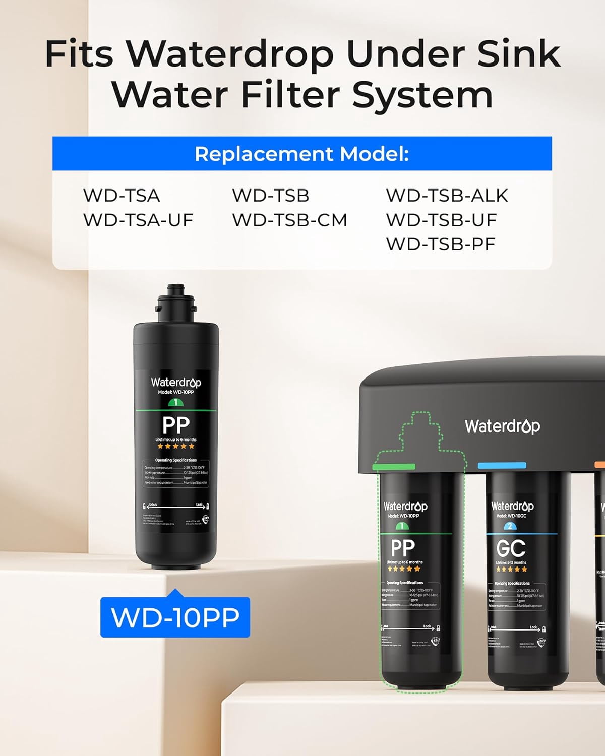 Waterdrop WD-10PP Under Sink Water Filter, Replacement TSA & TSB 3-Stage Under Sink Water Filter System