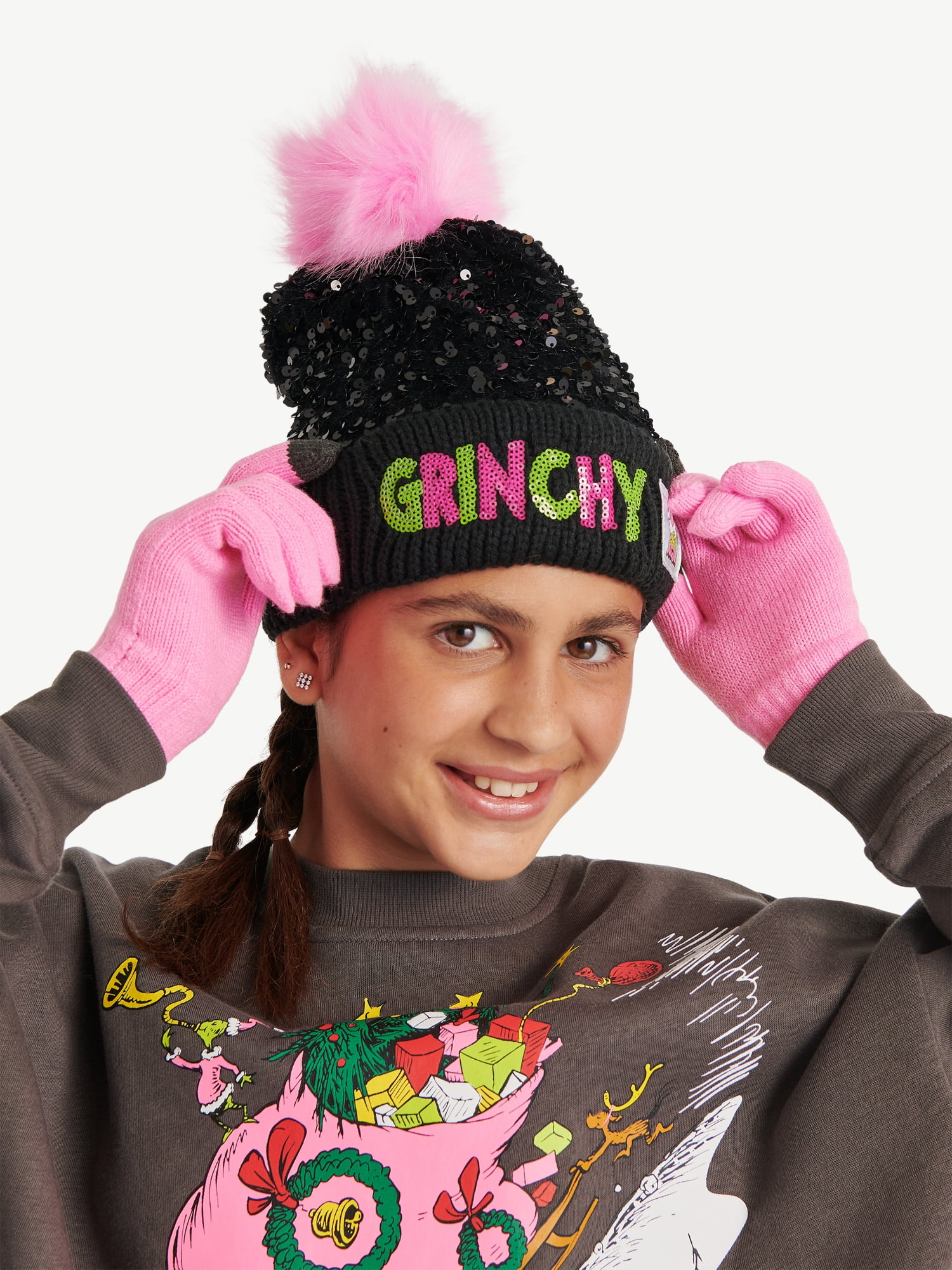Justice Girls x Dr. Seuss' The Grinch Sequin Hat and Glove Set, Black