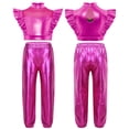 thumbnail image 3 of Haitryli Kids Girls Shiny Metallic Jazz Dancewear Sleeveless Mesh Patchwork Crop Top Vest with Pants Set Hot Pink 8, 3 of 4