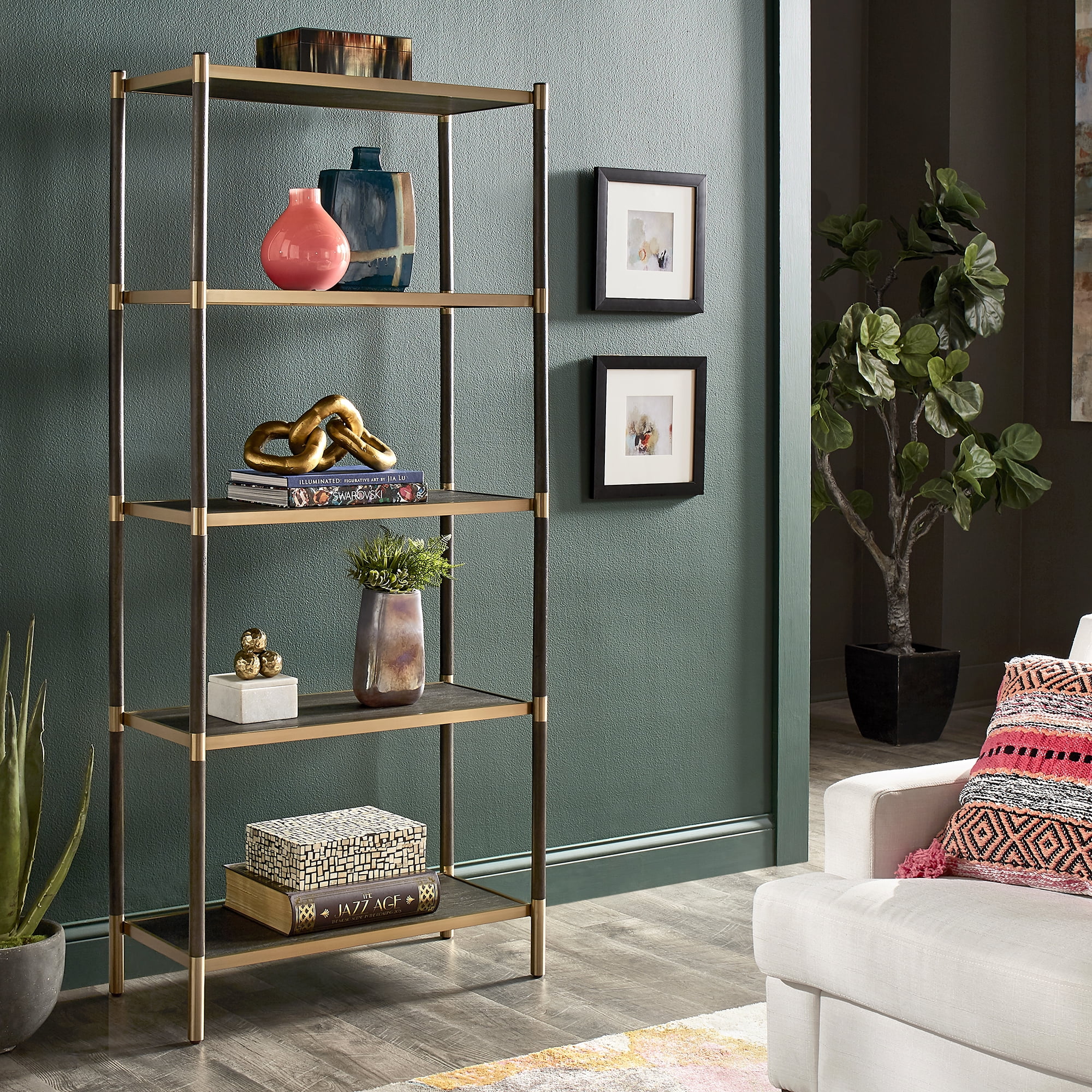 Weston Home Frest Modern TwoTone Black and Gold Finish Bookcase