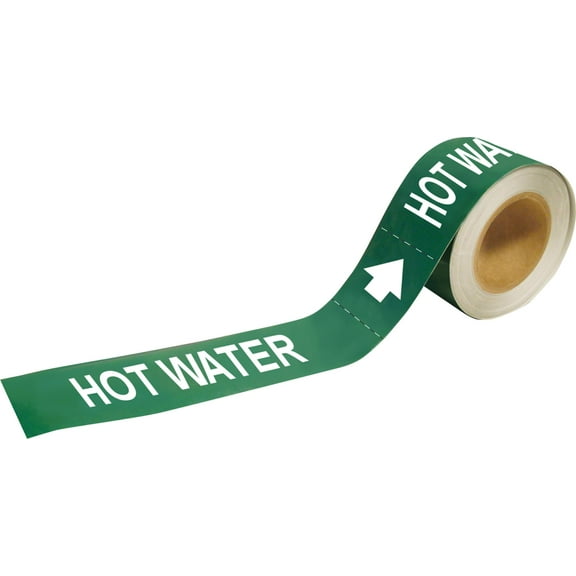 Brady 109221 Economy Pipe Markers-To-Go, B-946, 1" Height X 8" Width, White On Green Pressure Sensitive Vinyl, Legend "Hot Water" CA1