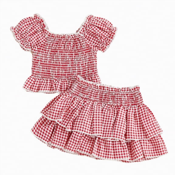 mgoYE 18-24 Months Girl Clothing Toddler Girl Clothes Cute Print Outfits Ruffle Tops Bloomers Skirt 2-Piece Set(Red,12-18 Months)