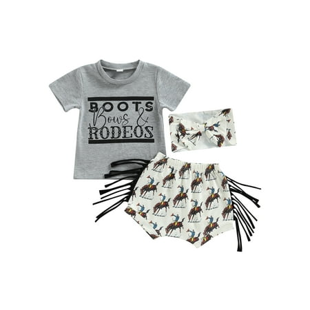 

Arvbitana Baby Girl Clothes Set Cow Print Short Sleeve T Shirts Top Tassel Shorts Headband Outfit Infant 3Pcs Boho Summer Outfits