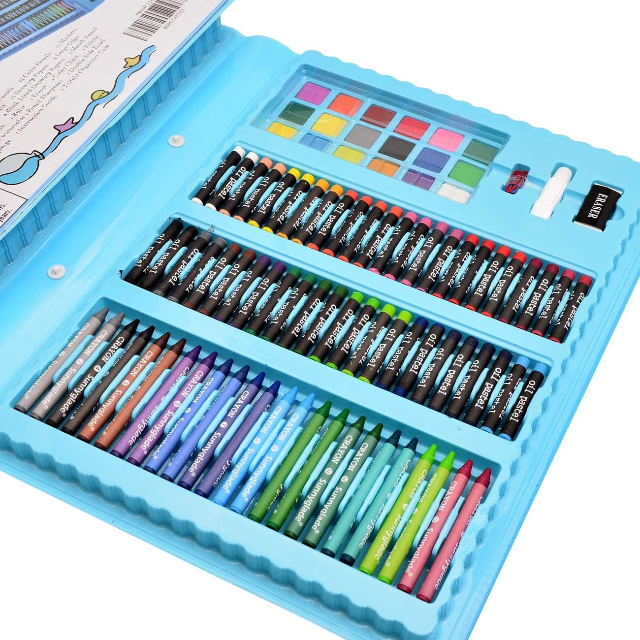 GoXteam 208-Piece Double-Sided Trifold Easel Art Set for Kids, Drawing Art Box with Oil Pastels, Crayons, Colored Pencils, Paint Brush, Watercolor Cakes, Drawing Board (Blue)