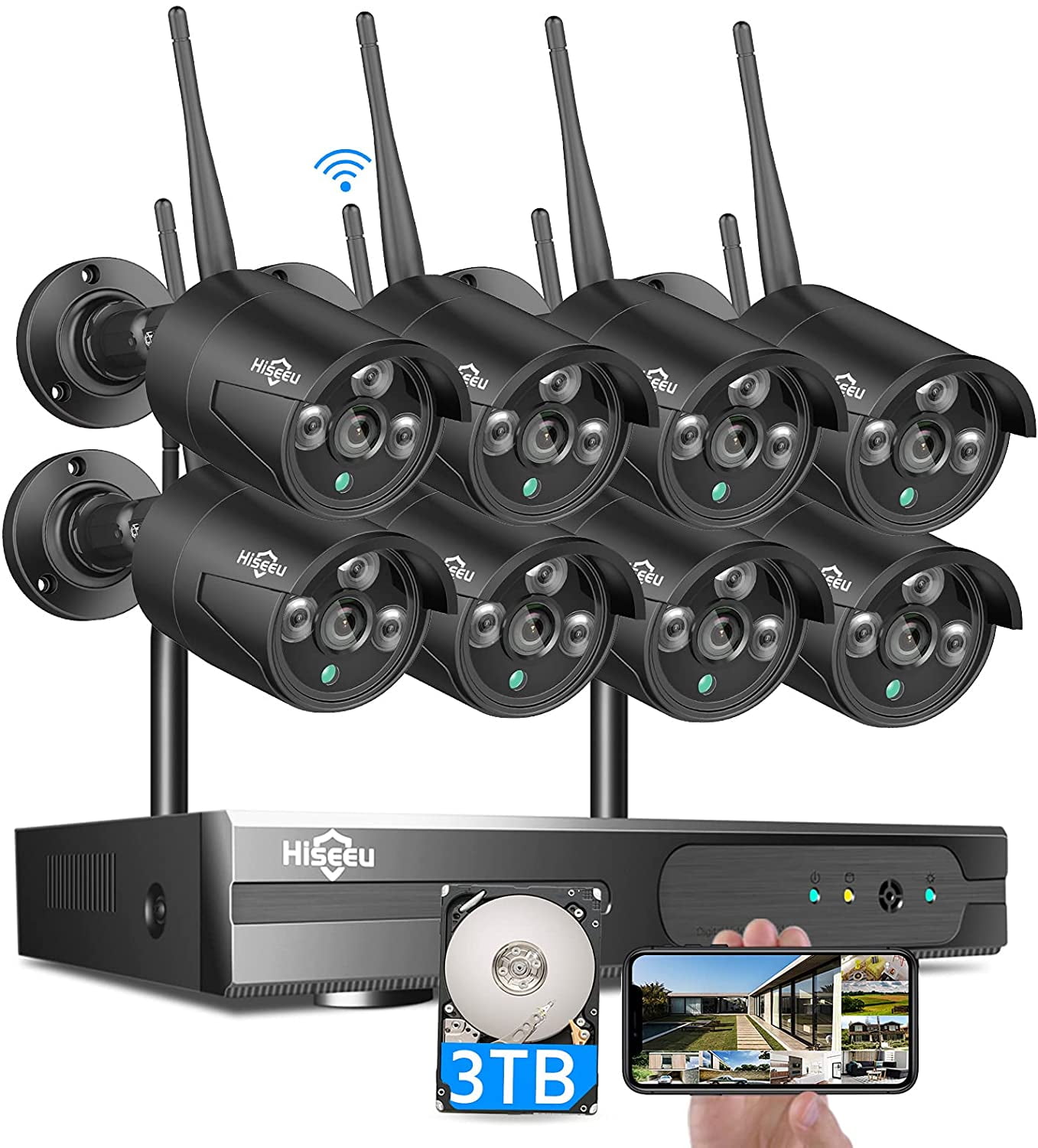 Hiseeu 3MP Wireless Security Camera System 3TB HDD Preinstalled,8Pcs Outdoor Security Camera NVR Kit Home Security System with Night Vision,Motion Alert,P2P Remote Access