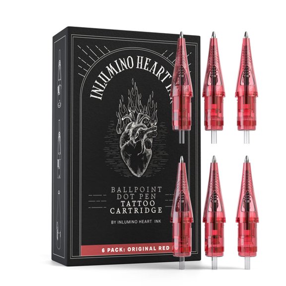 Inlumino Heart Ink Ballpoint Dot Pen Tattoo Cartridge for Tattoo Practice on Paper. 6 0.5mm Original Red Ink Tattoo Cartridges for Beginners to Learn How to Tattoo - Ink Dot Pen Cartridges