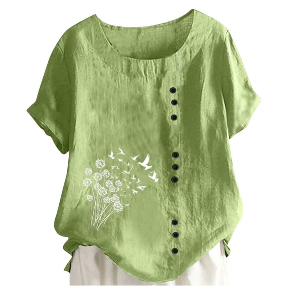 Sexlip Women's Summer Tops Casual Cotton Linen T Shirts Short Sleeve Round Neck Shirt Oversized Floral Graphic Tees Green M