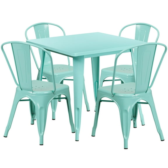 Flash Furniture Foster Commercial Grade 31.5" Square Mint Green Metal Indoor-Outdoor Table Set with 4 Stack Chairs