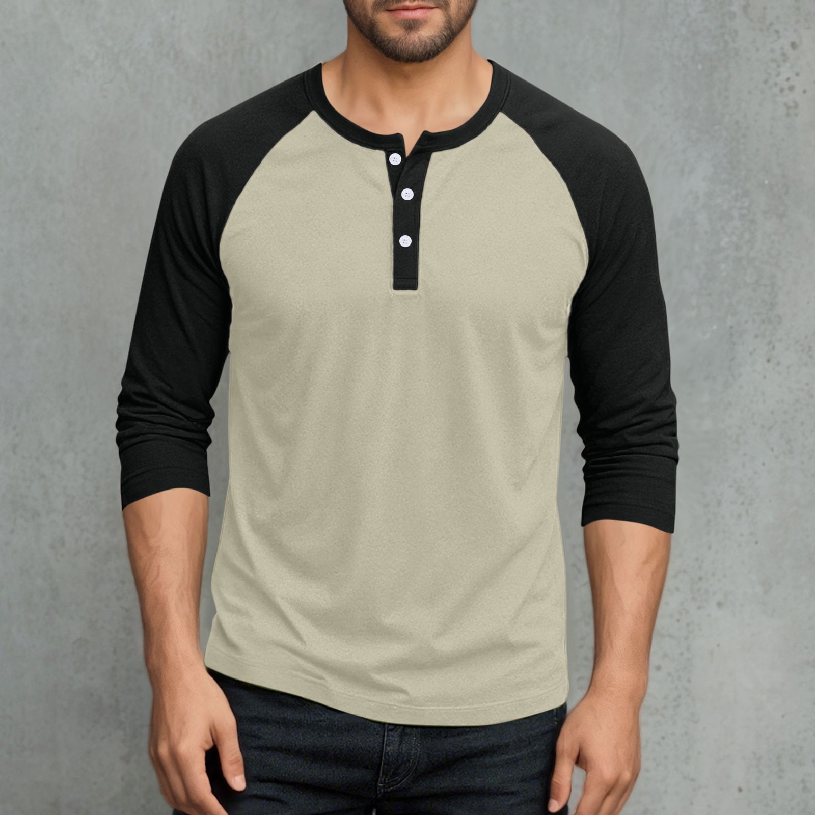 AnuYalue Mens Big and Tall Henley Shirts Lightweight 3/4 Sleeve Baseball T-Shirt Fashion Color Block Tee Fall Winter Athletic Tops