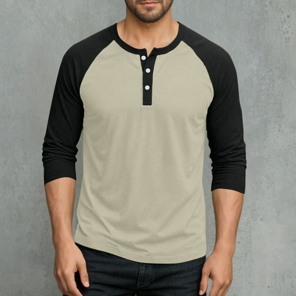 Kalauyu Men's Henley Shirt Spring Fall Crewneck Color Block Slim Fit Long Sleeve T Shirts Button Up Tees