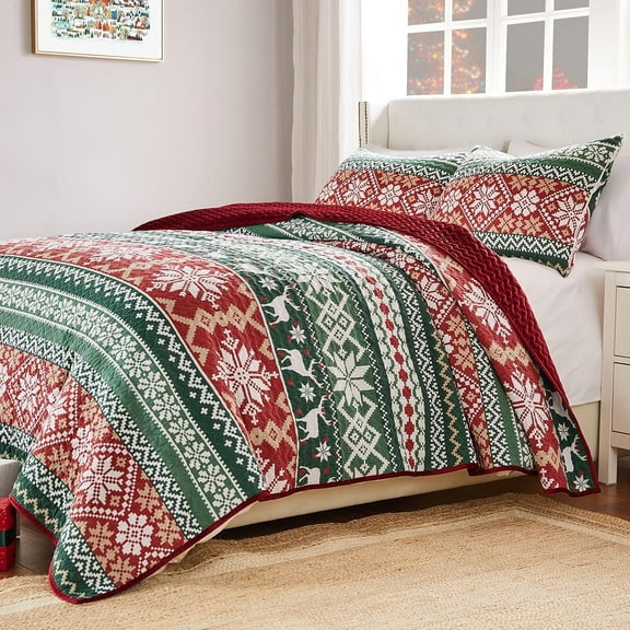 Greenland Home Fashions Fair Isle Reindeer/Snowflake Velvet-Lined Quilt Set, 2-Piece Twin/XL