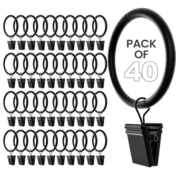 Black Curtain Rings with Clips 1.5 Inch Set of 40 Heavy Duty Curtain Hooks for Drapes,Caps,Pictures - fits on Rod Diameter Upto 1.25Inch/32mm… (Black,1.5" Inch - 40 Pack)